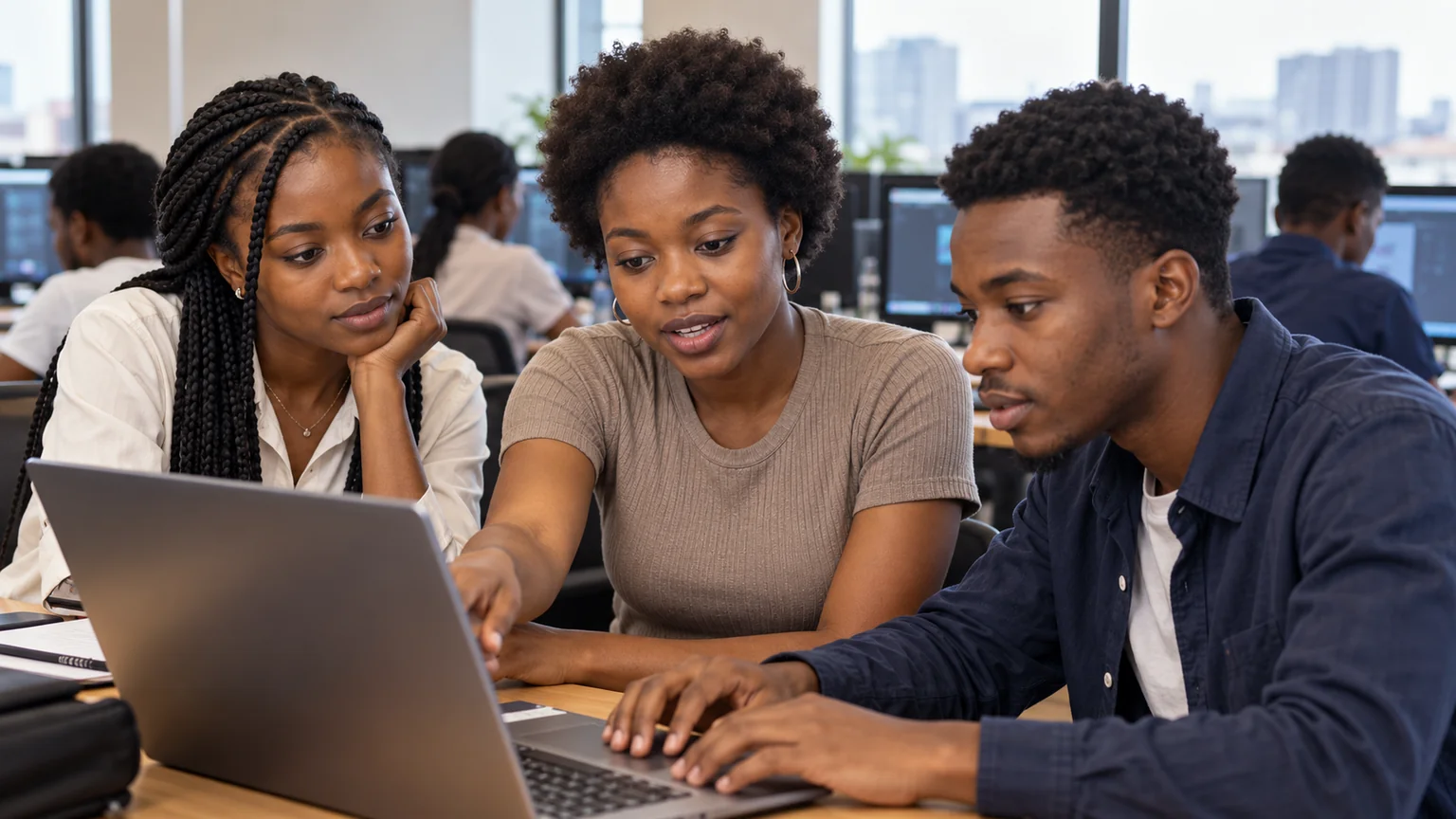 Trois étudiants adultes travaillent ensemble autour d’un ordinateur.