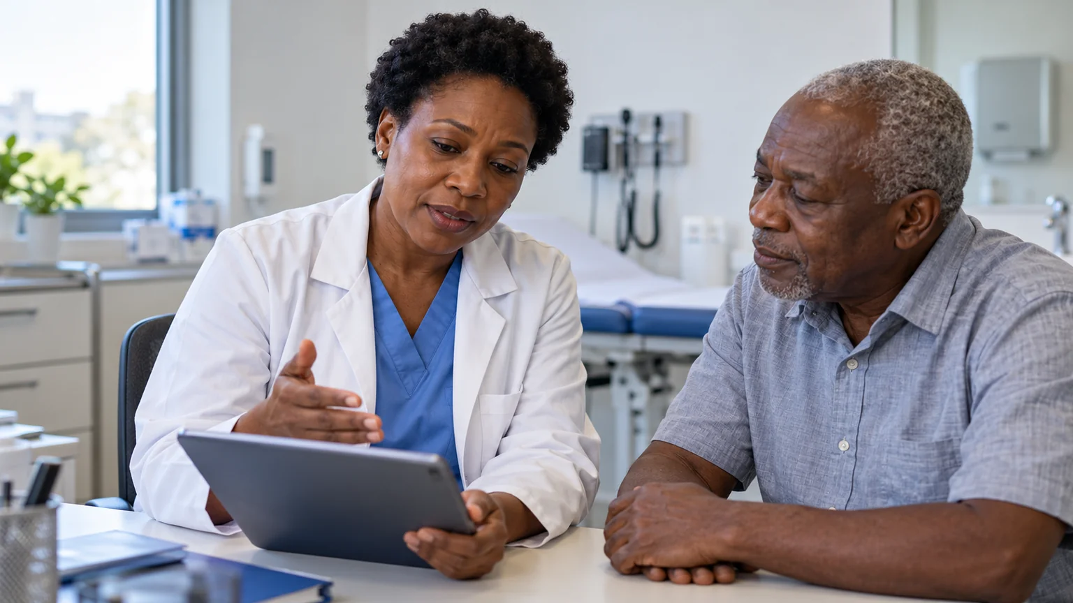 Une médecin échange avec une personne dans un espace de santé.